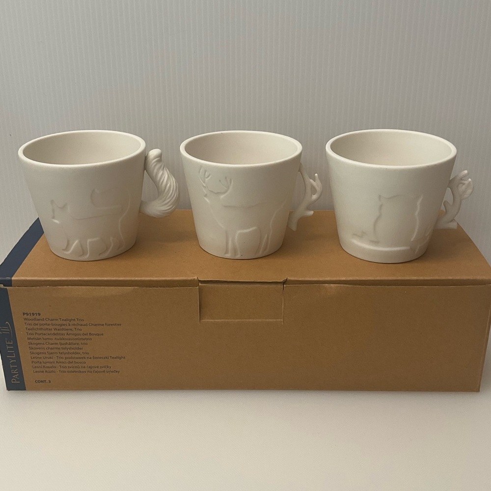 PARTYLITE Set Of 3 Woodland Animals Fox Owl Deer Tea light Cups Ivory Bisque NWT - Picture 2 of 11